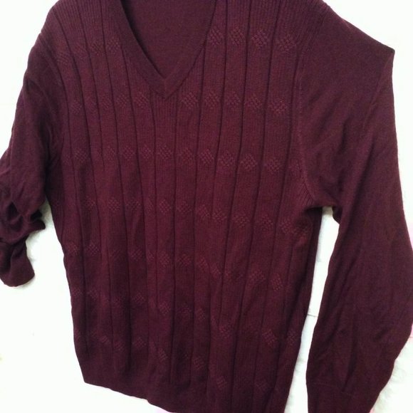 Turnbury Merino Wool Ribbed Cable Knit Sweater V-Neck LS Unisex Mens-XLT Wine - Picture 4 of 11